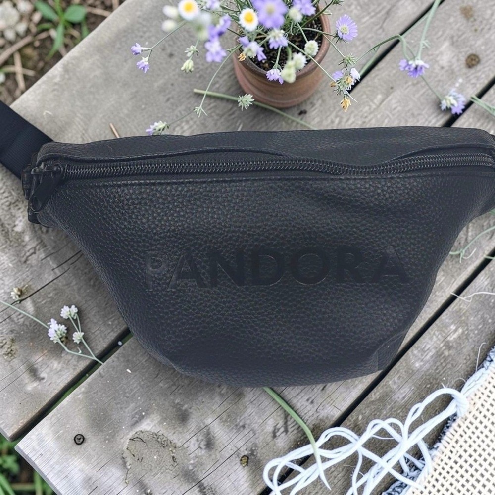 Pandora Black Pebbled Vegan Leather Belt Bag Fanny Pack Embossed Logo Adjustable